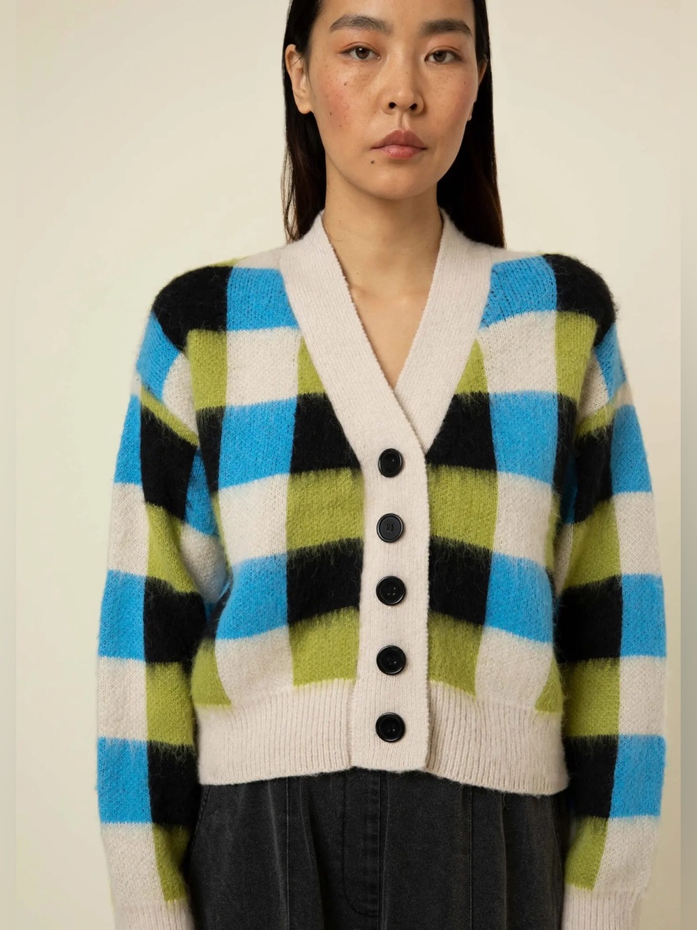 FRNCH Manila cardigan blue azur plaid medium alpaca blend